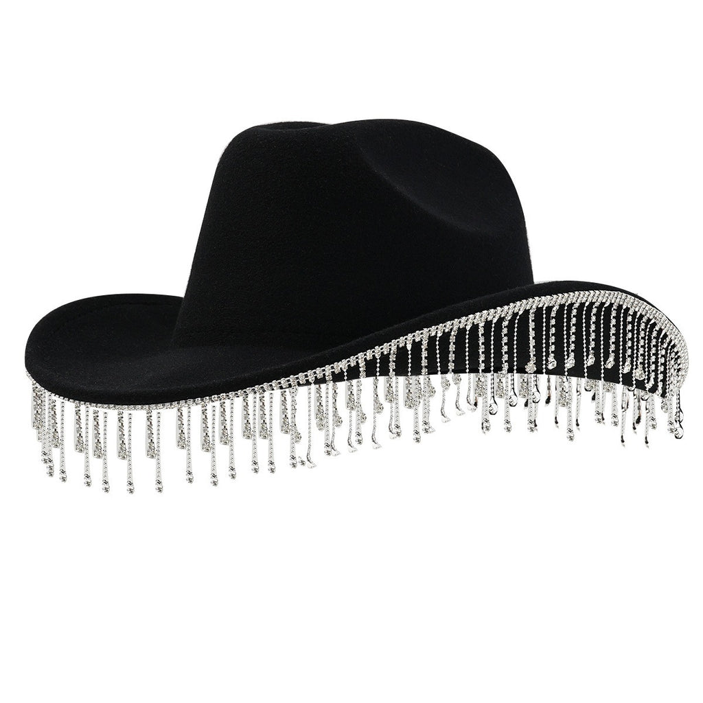 DinGora Women's Wide Brim Rhinestone Fringe Western Hat