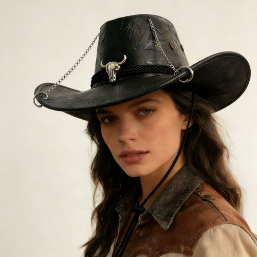 DinGora Unisex PU Wide Brim Western Cowboy Hat with Chain & Bull Head Accent
