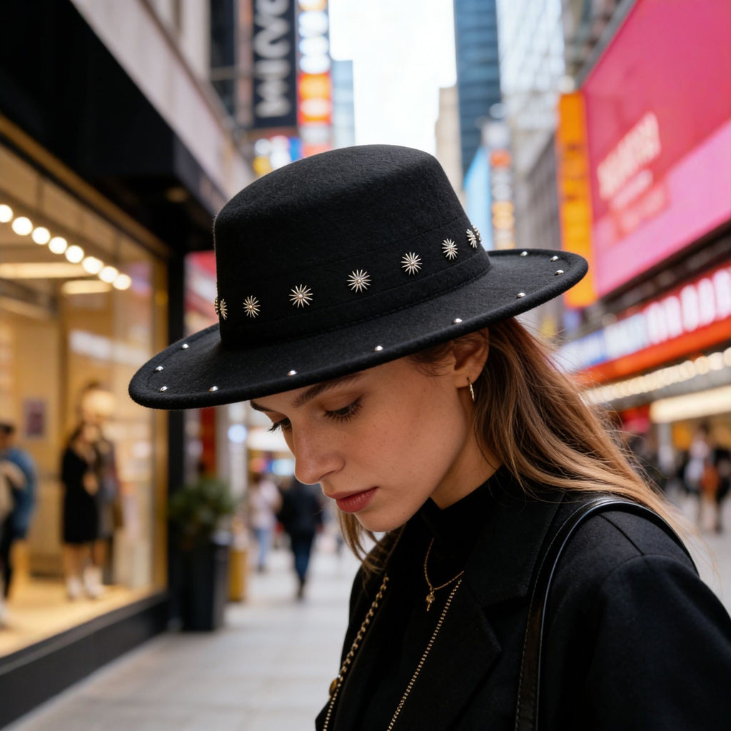 DinGora Unisex Wide Brim Flat Top Fedora Hat with Star Stud Accents – Black