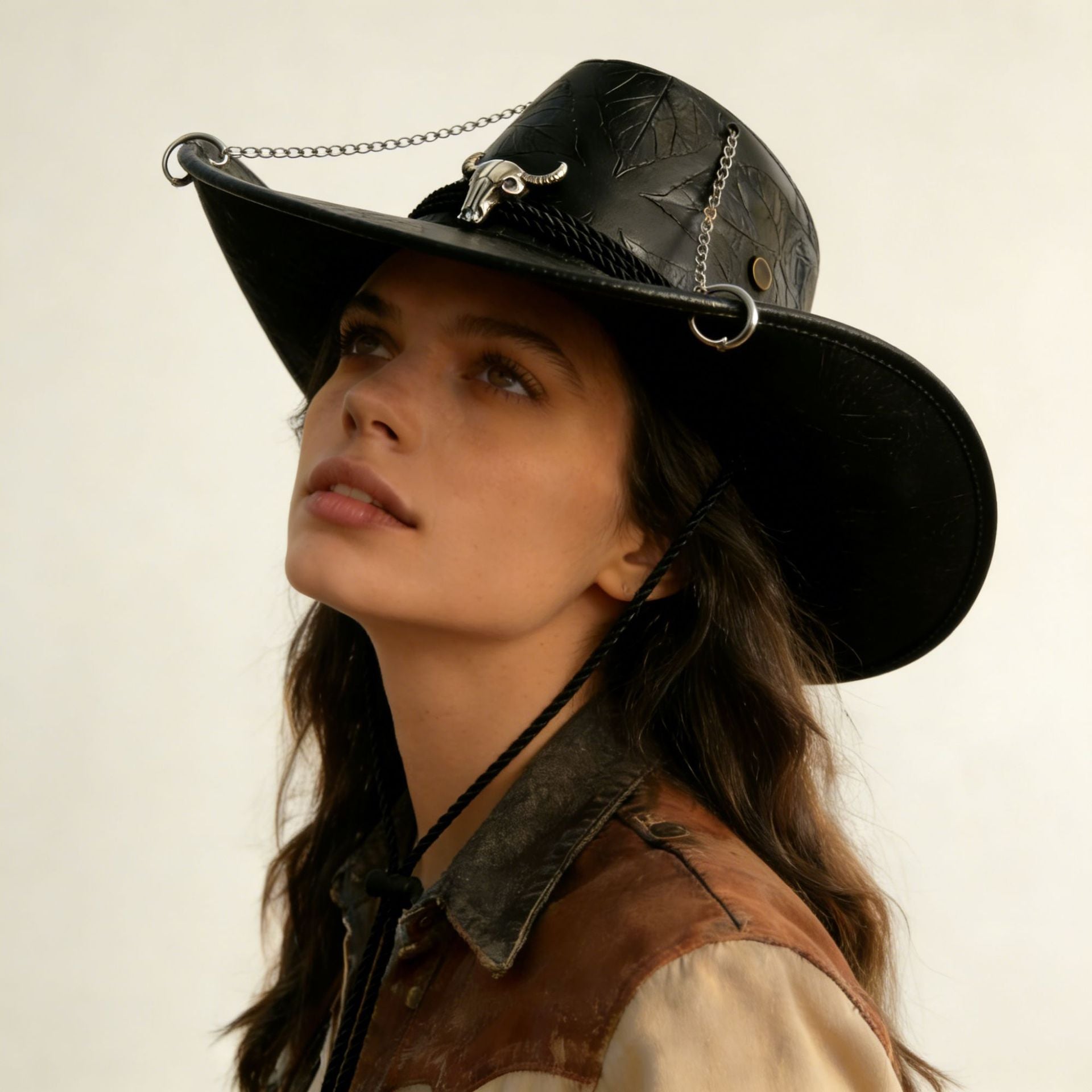 DinGora Unisex PU Wide Brim Western Cowboy Hat with Chain & Bull Head Accent