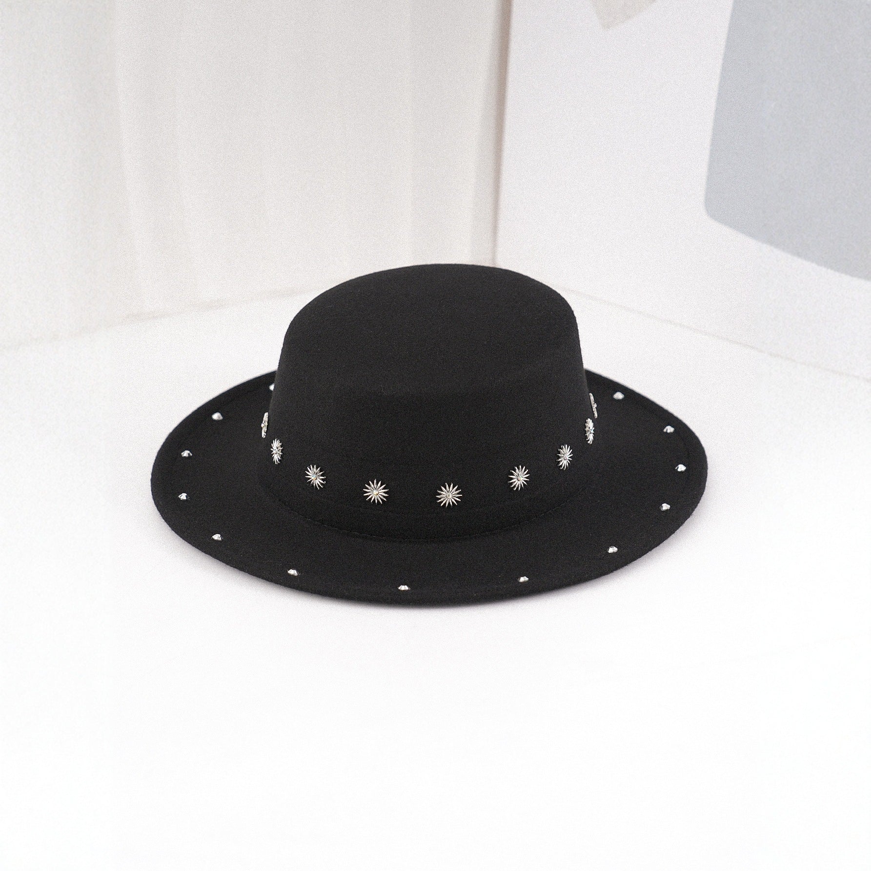 DinGora Unisex Wide Brim Flat Top Fedora Hat with Star Stud Accents – Black