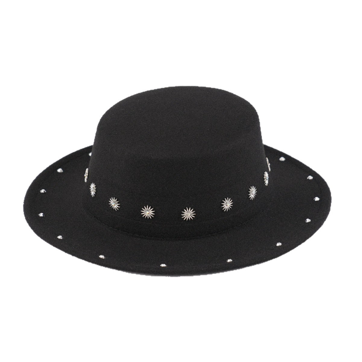 DinGora Unisex Wide Brim Flat Top Fedora Hat with Star Stud Accents – Black