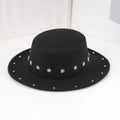 DinGora Unisex Wide Brim Flat Top Fedora Hat with Star Stud Accents – Black