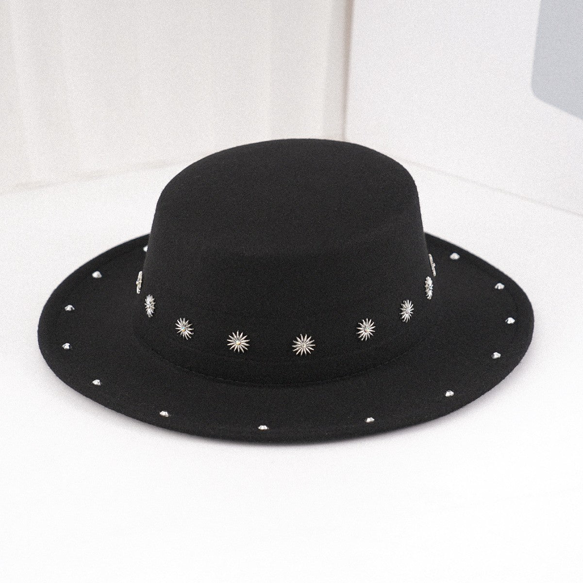 DinGora Unisex Wide Brim Flat Top Fedora Hat with Star Stud Accents – Black