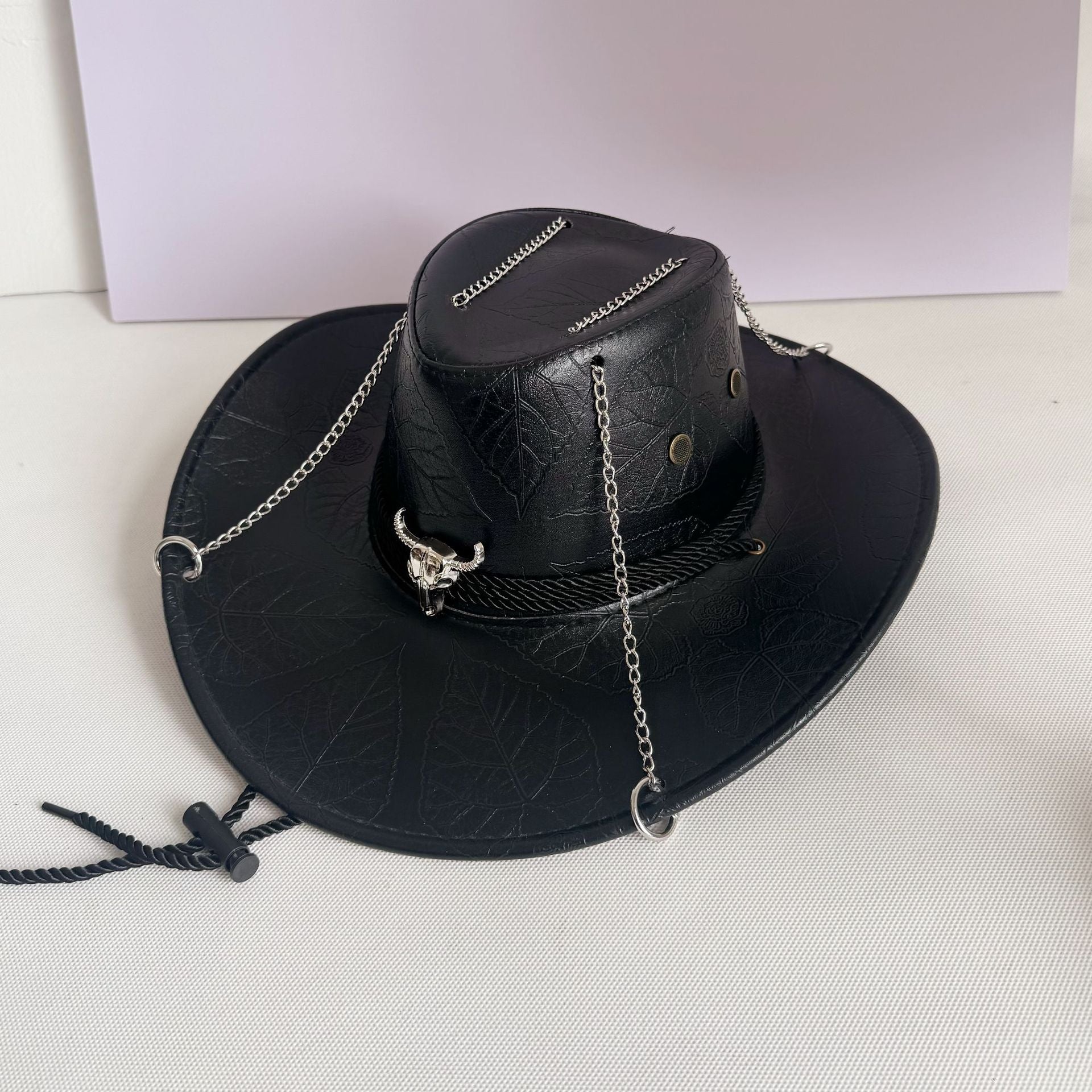 DinGora Unisex PU Wide Brim Western Cowboy Hat with Chain & Bull Head Accent