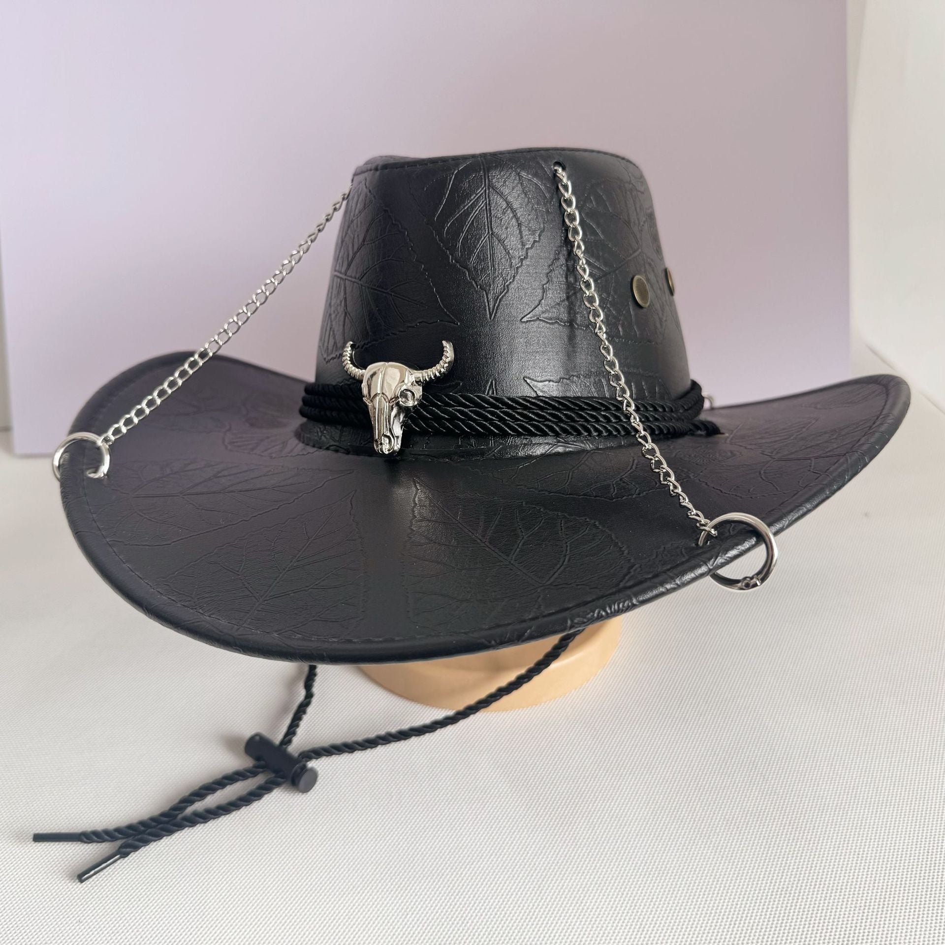DinGora Unisex PU Wide Brim Western Cowboy Hat with Chain & Bull Head Accent