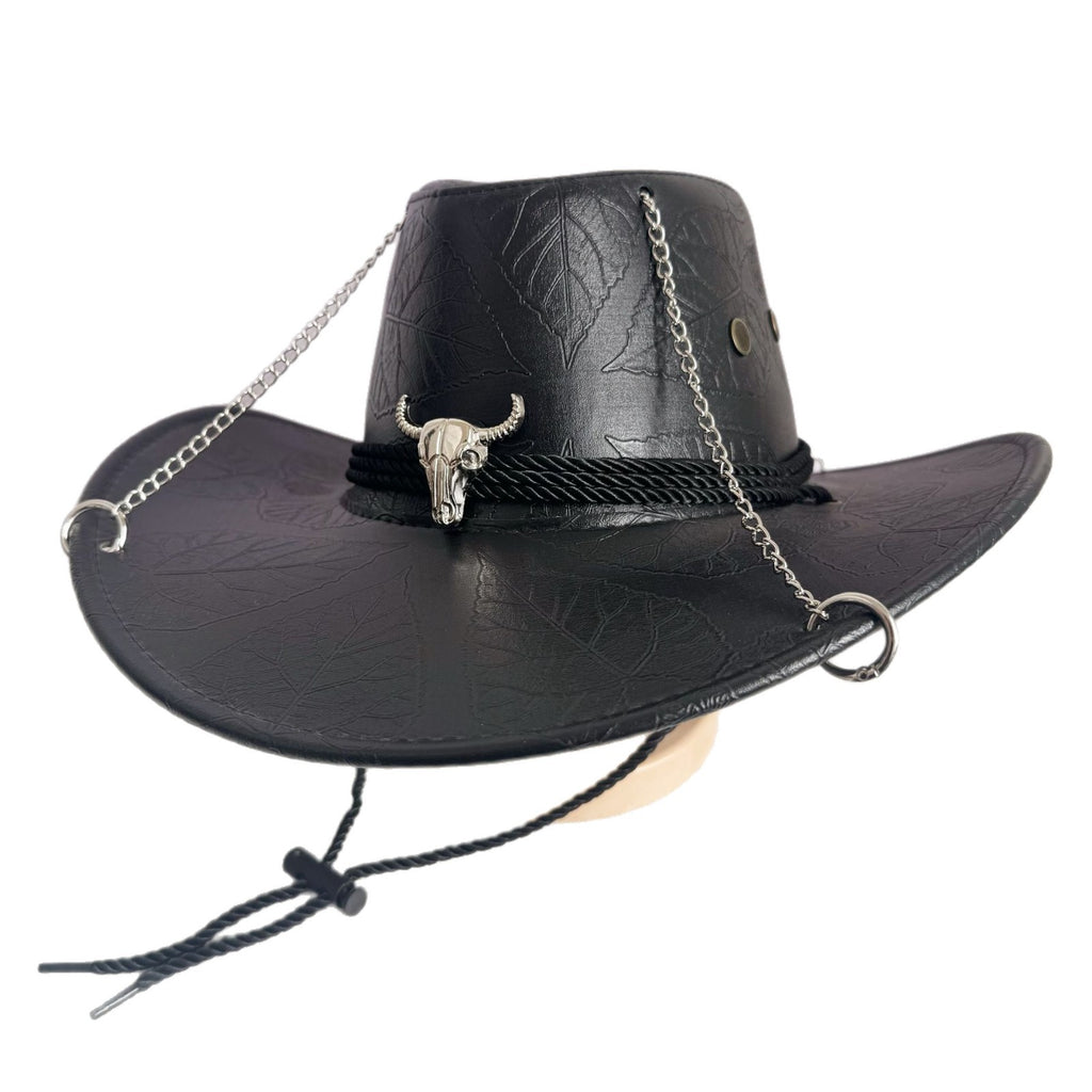 DinGora Unisex PU Wide Brim Western Cowboy Hat with Chain & Bull Head Accent