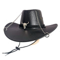 DinGora Unisex PU Wide Brim Western Cowboy Hat with Chain & Bull Head Accent